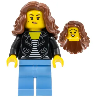  Woman - Black Jacket over Striped Shirt, Medium Blue Legs, Reddish Brown Long Hair