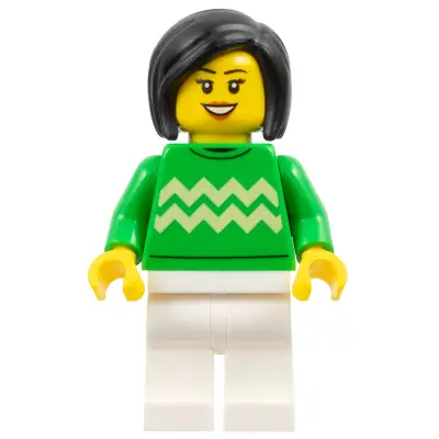  Woman - Bright Green Sweater with Bright Light Yellow Zigzag Lines, White Legs, Black Hair