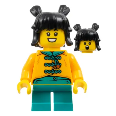  Child - Girl, Bright Light Orange Tang Jacket, Dark Turquoise Short Legs, Black Hair with Buns