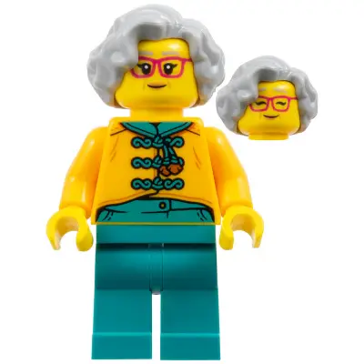  Flower Seller - Female, Bright Light Orange Tang Jacket, Dark Turquoise Legs, Light Bluish Gray Hair, Red Glasses