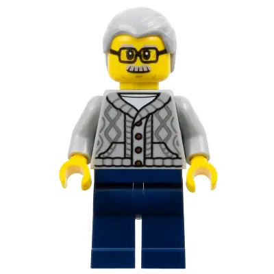  Man - Light Bluish Gray Knit Cable Cardigan Sweater, Dark Blue Legs, Light Bluish Gray Hair, Glasses