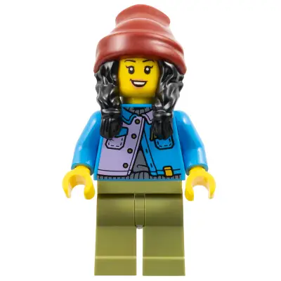  Woman - Dark Azure Jacket over Silver Shirt, Olive Green Legs, Black Hair, Dark Red Beanie