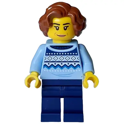  Woman - Bright Light Blue Knit Fair Isle Sweater, Dark Blue Legs, Reddish Brown Hair