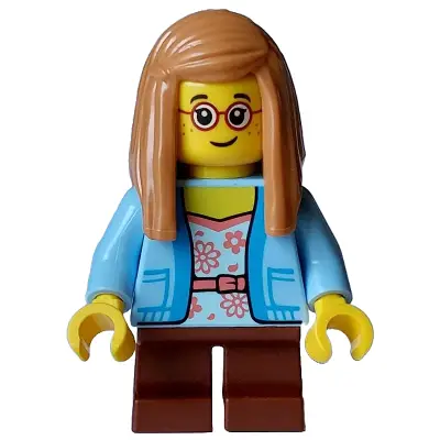  Child - Girl, Bright Light Blue Jacket over White Shirt with Coral Flowers, Reddish Brown Short Legs, Medium Nougat Hair Long, Red Glasses