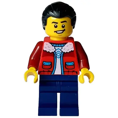  Man - Red Jacket over White Shirt, Dark Blue Legs, Black Hair with Short Ponytail