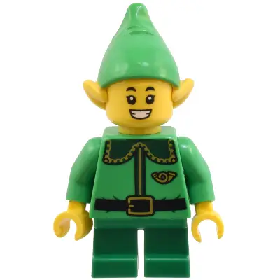  Elf - Bright Green Coat with Dark Green Collar and Gold Horn, Open Mouth Smile