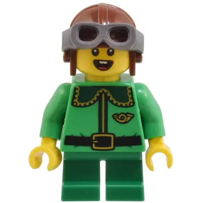  Elf - Bright Green Coat with Dark Green Collar and Gold Horn, Reddish Brown Helmet, and Dark Bluish Gray Goggles
