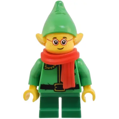  Elf - Bright Green Coat with Dark Green Collar and Gold Horn, Red Scarf, Glasses