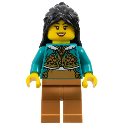  Woman, Black Long Hair, Dark Turquoise Cheongsam Bolero Shrug, Medium Nougat Legs