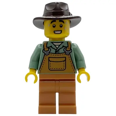  Farmer - Male, Medium Nougat Overalls over Sand Green Shirt, Medium Nougat Legs, Dark Brown Fedora, Sweat