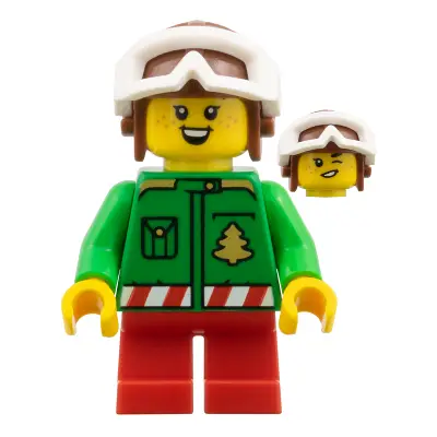  Elf - Green Jacket with Christmas Trees, Reddish Brown Helmet, White Goggles