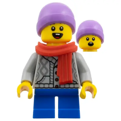  Boy - Medium Lavender Beanie, Red Scarf, Light Bluish Gray Cardigan, Blue Short Legs