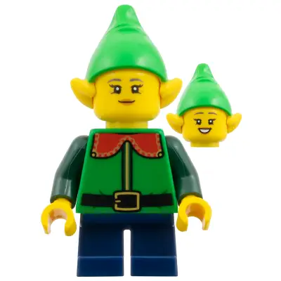  Elf - Female, Bright Green Hat, Green Top with Red Collar, Dark Blue Short Legs