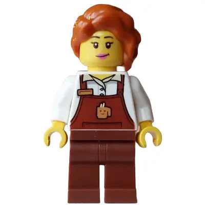  Barista Hot Chocolate Stand - Female, Reddish Brown Apron with Cup and Name Tag, Reddish Brown Legs,  Dark Orange Hair with Braid
