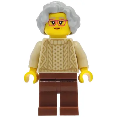  Grandmother - Tan Knit Cable Sweater, Reddish Brown Legs, Light Bluish Gray Short Wavy Hair