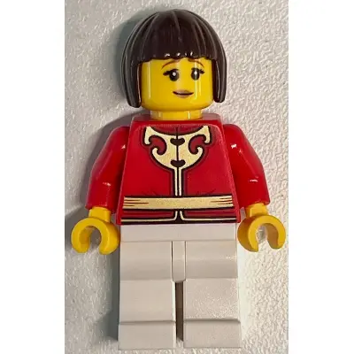  Woman - Red Tang Jacket with Gold Chinese Scrollwork, White Legs, Dark Brown Hair