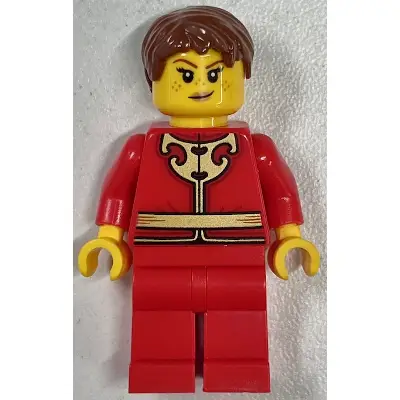  Woman - Red Tang Jacket with Gold Chinese Scrollwork, Red Legs, Brown Short Hair