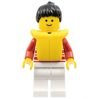  Horizontal Lines Red - Red Arms - White Legs, Black Ponytail Hair, Life Jacket