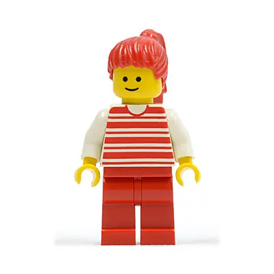  Horizontal Lines Red - White Arms - Red Legs, Red Ponytail Hair