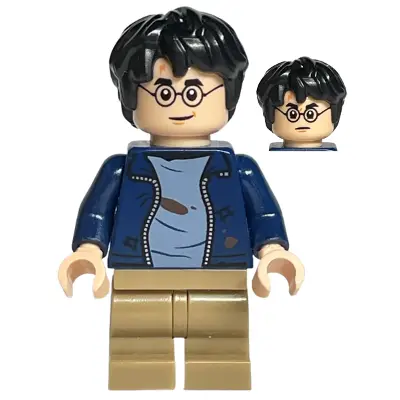  Harry Potter - Dark Blue Open Jacket over Sand Blue Shirt with Dirt Stains, Dark Tan Medium Legs, Grin / Stern