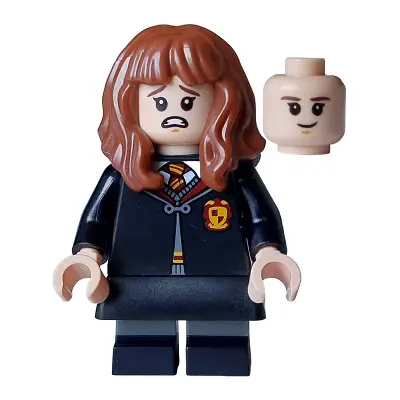  Hermione Granger - Gryffindor Robe Clasped, Black Skirt, Black Short Legs with Dark Bluish Gray Stripes, Open Mouth Scared / Closed Mouth Grin