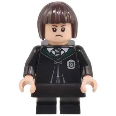  Pansy Parkinson - Slytherin Robe Clasped, Black Skirt, Black Short Legs with Dark Bluish Gray Stripes