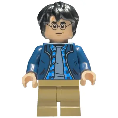  Harry Potter - Dark Blue Open Jacket over Plaid Shirt with Collar and Sand Blue Shirt, Dark Tan Medium Legs