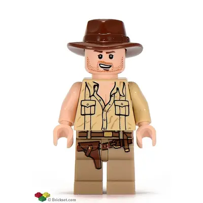  Indiana Jones - Tan Open Collar Shirt, Reddish Brown Fedora, Open Mouth Lopsided Grin