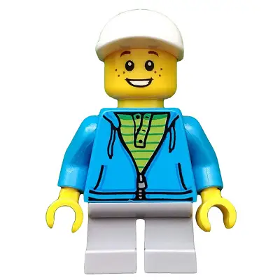  Boy, White Cap, Dark Azure Hoodie, Lime Shirt