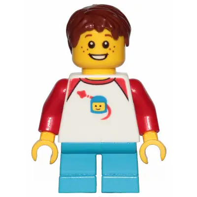  Boy, Freckles, Classic Space Shirt with Red Sleeves, Dark Azure Short Legs, Reddish Brown Hair Short Tousled with Side Part