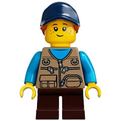  Child - Girl, Dark Tan Vest over Dark Azure Shirt, Dark Brown Short Legs, Dark Blue Cap with Dark Orange Ponytail, Freckles