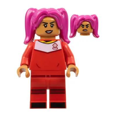  Soccer Player, Female, Red Uniform, Medium Nougat Skin, Magenta Hair