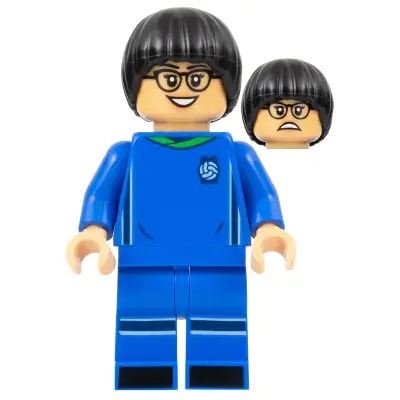  Soccer Player, Female, Blue Uniform, Medium Tan Skin, Black Bowl Cut, Glasses