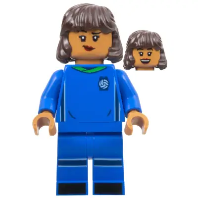  Soccer Player, Female, Blue Uniform, Medium Nougat Skin, Dark Brown Hair