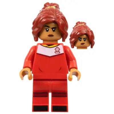  Soccer Player, Female, Red Uniform, Medium Nougat Skin, Dark Red Ponytail