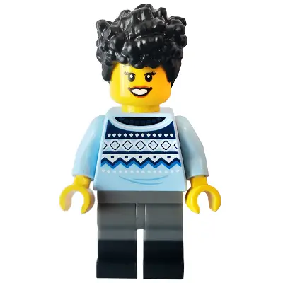  Camper - Female, Bright Light Blue Knit Fair Isle Sweater, Dark Bluish Gray Legs with Black Boots, Black Hair