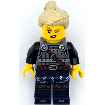  Viking Shield-Maiden - Dark Bluish Gray and Silver Armor, Dark Blue Legs with Trim, Tan Hair