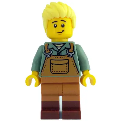  Gardener - Male, Medium Nougat Overalls over Sand Green Shirt, Reddish Brown Boots, Bright Light Yellow Hair