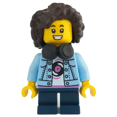  Child - Girl, Bright Light Blue Denim Jacket over Shirt with Record, Dark Blue Short Legs, Dark Brown Short Hair with Curls and Corn Rows, Black Headphones