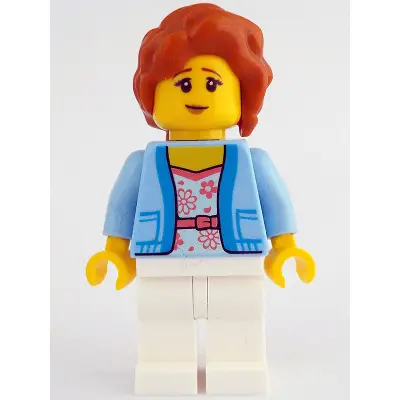  Woman - Bright Light Blue Jacket over White Shirt with Coral Flowers, White Legs, Dark Orange Hair with Braid