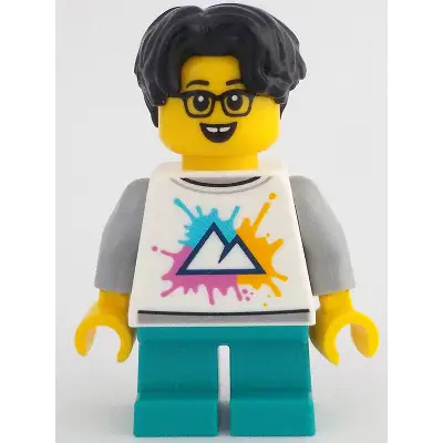  Child - Boy, White Shirt with Mountains Logo, Dark Turquoise Short Legs, Black Hair Wavy, Glasses