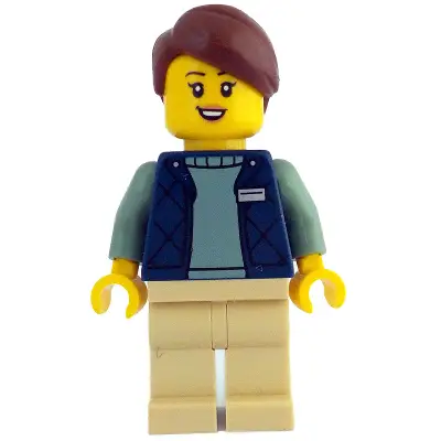  Botanical Garden Manager - Female, Dark Blue Bodywarmer over Sand Green Sweater, Tan Legs, Reddish Brown Hair