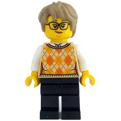  Woman - Tan Knit Argyle Sweater Vest, Black Legs, Dark Tan Thick Messy Hair, Glasses