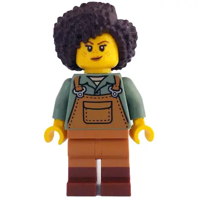  Gardener - Female, Medium Nougat Overalls over Sand Green Shirt, Reddish Brown Boots, Dark Brown Hair