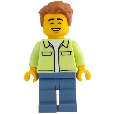  Man - Yellowish Green Jacket over White Shirt, Sand Blue Legs, Medium Nougat Tousled Hair