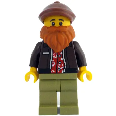 Photographer - Male, Dark Brown Jacket over Red Hawaiian Shirt, Olive Green Legs, Reddish Brown Flat Cap, Dark Orange Beard