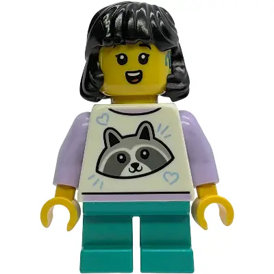  Child - Girl, White Top with Raccoon, Dark Turquoise Short Legs, Black Midlength Hair, Hearing Aid