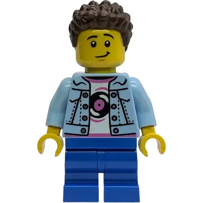  Child - Boy, Grandson, Bright Light Blue Denim Jacket over Shirt with Record, Blue Medium Legs, Dark Brown Coiled Short Hair