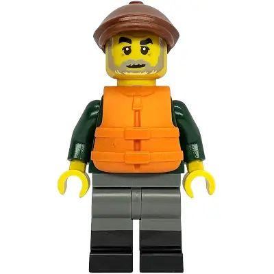  Fisher - Dark Green Open Jacket, Dark Bluish Gray Legs with Black Boots, Reddish Brown Flat Cap, Orange Life Jacket