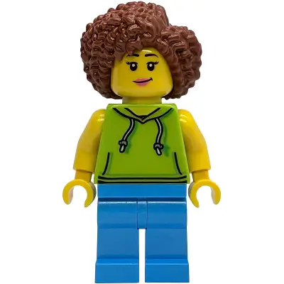  Scooter Driver - Female, Lime Hoodie, Dark Azure Legs, Reddish Brown Coiled Hair